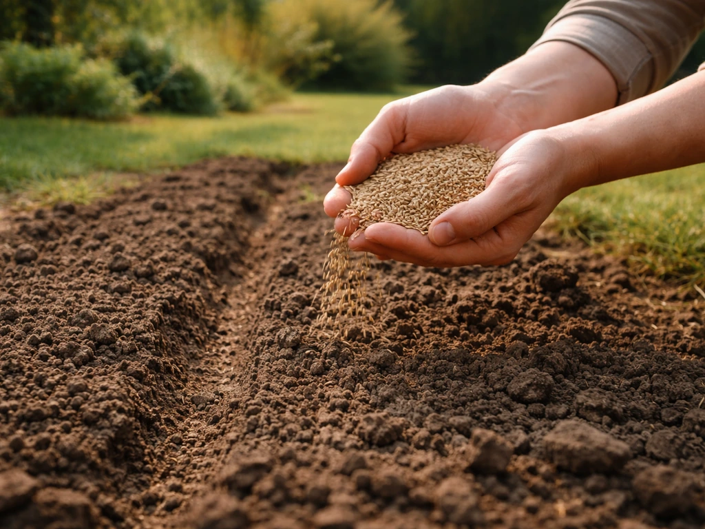 Tuinier met graszaad in de hand bij net omgespitte, klaargemaakte grond in nazomer voor het zaaien.