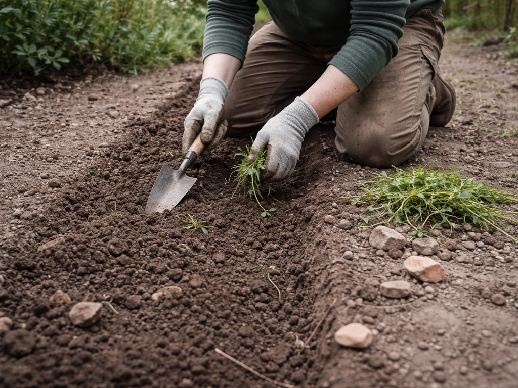 Tuinier knielt in een lege zaai-strook en haalt met de hand onkruid en steentjes weg