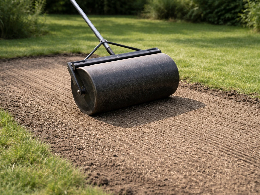Graszaden licht ingeharkt en vervolgens met een tuinwals aangedrukt op een gazonperceel
