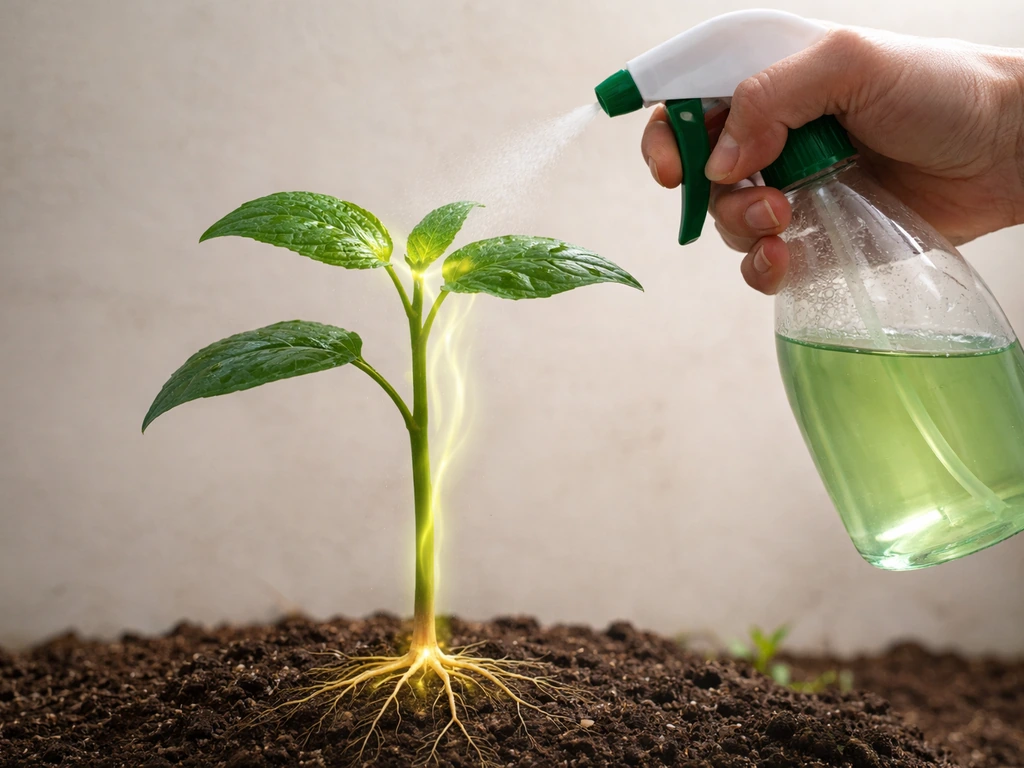 Anonieme hand met spuitbus en een plantstengel met uitgebeelde opname en doorgeleiding van herbicide