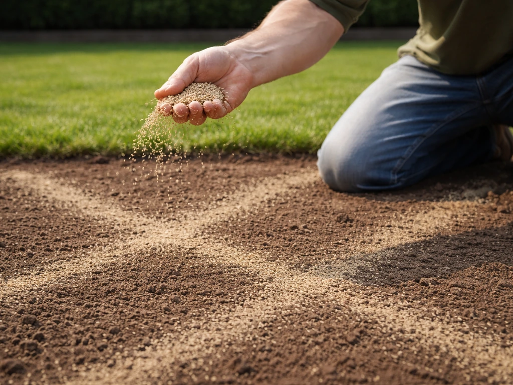 Persoon die graszaad met de hand uitstrooit op een voorbereid gazon, kruising in twee richtingen.