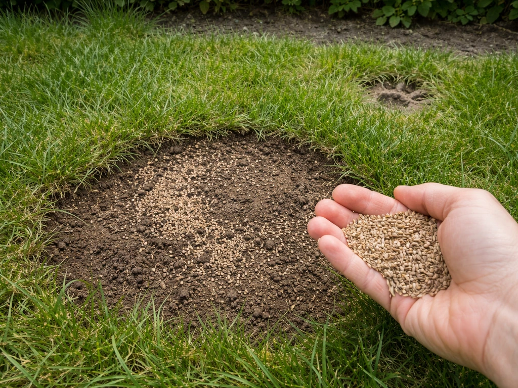 Bovenaanzicht van kale grasplek met graszaad in de hand en kattenpootafdruk op de achtergrond.