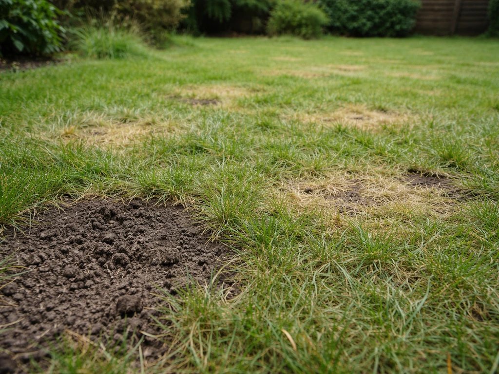 Close-up van een gazon met kale, uitgekrabde plekken en lichte urineplekken tussen het gras.
