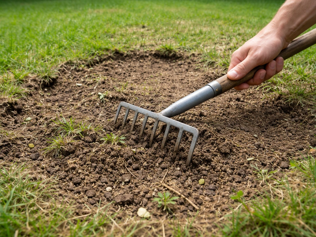 Close-up van een hark die dode grasresten van een kale plek schraapt en de grond losmaakt.