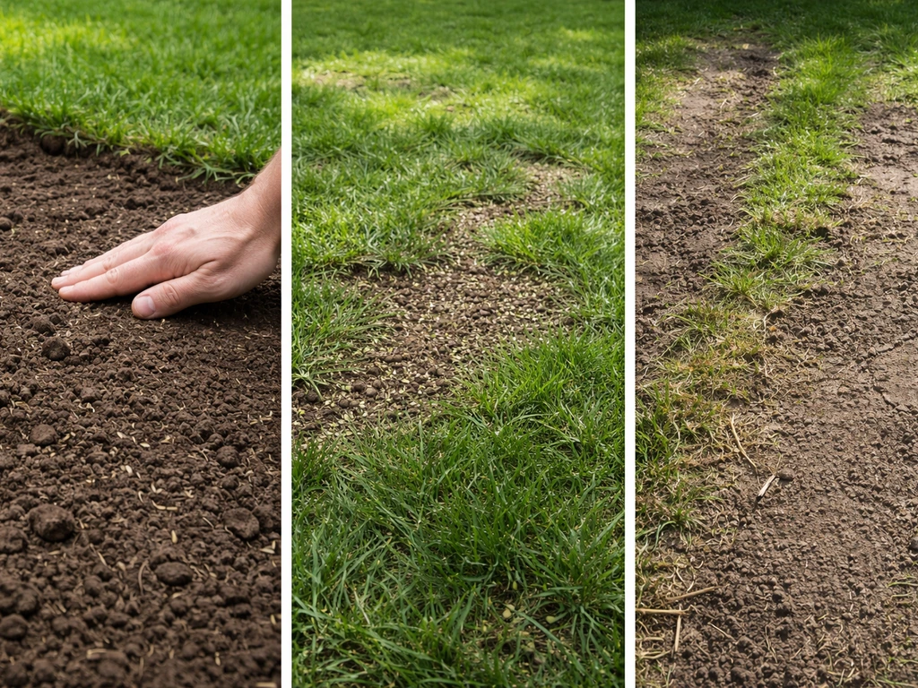 Drie naast elkaar liggende tuinbeelden: kale aarde, dun gazon met zaad, en beschadigde grasmat die hersteld wordt.
