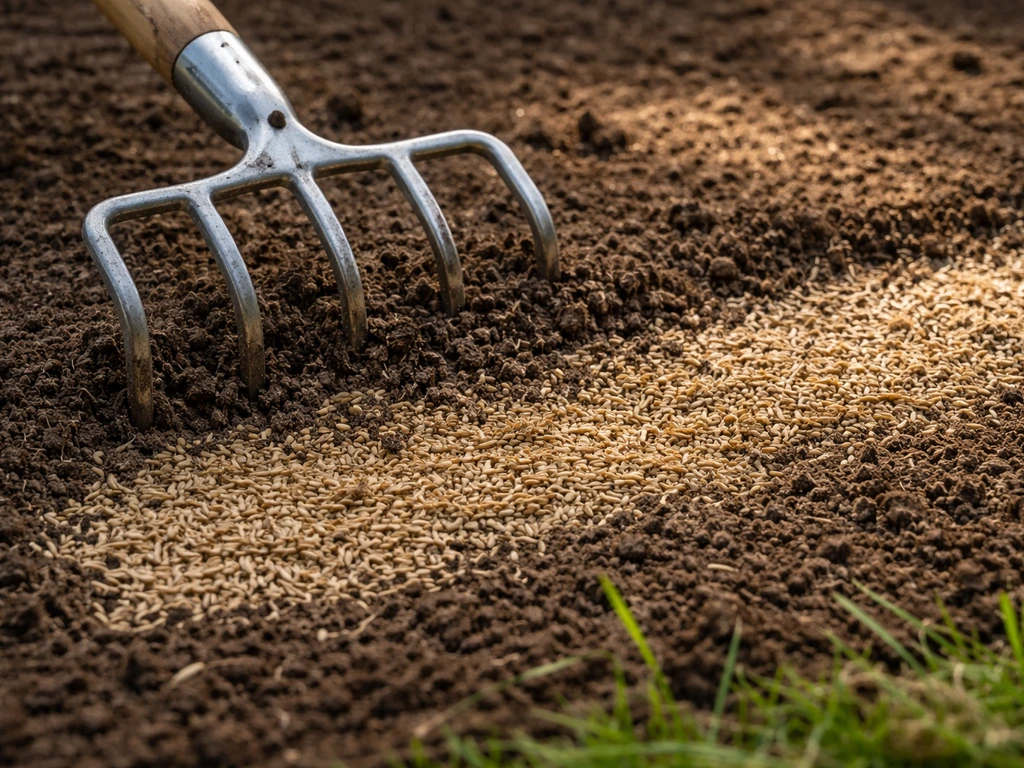 Close-up van een hark die graszaad heel licht onder de bovenlaag van de grond afdekt, met zicht op kiemvriendelijk licht