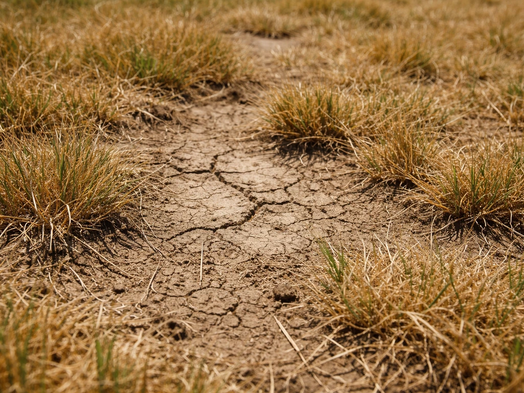 Uitgedroogde graspolletjes en kale plekken in een verdroogd gazon na een droge periode.