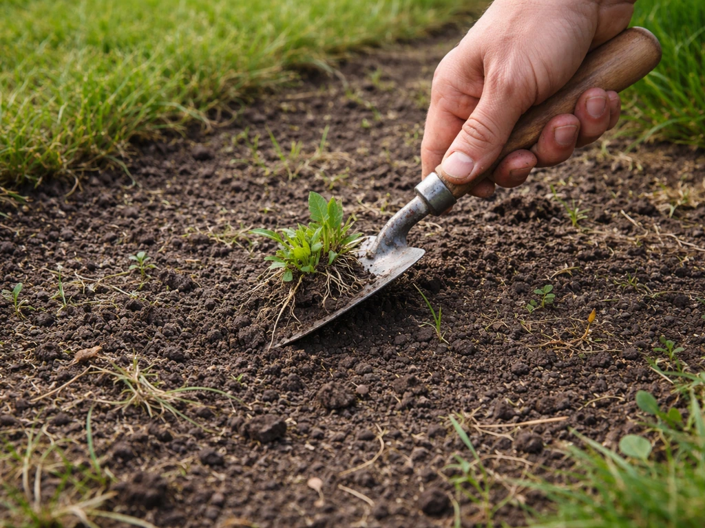 Anonieme hand die onkruid uit een kale grasplek steekt en losse aarde zichtbaar maakt.