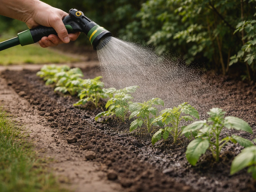 Tuinier geeft met een fijne sproeier water, de grond wordt gelijkmatig vochtig tijdens droogte