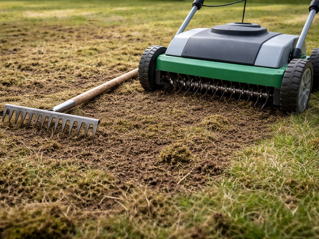 Verticuteermachine en hark op een losgemaakt gazon, ontdaan van oud gras en plantenresten.