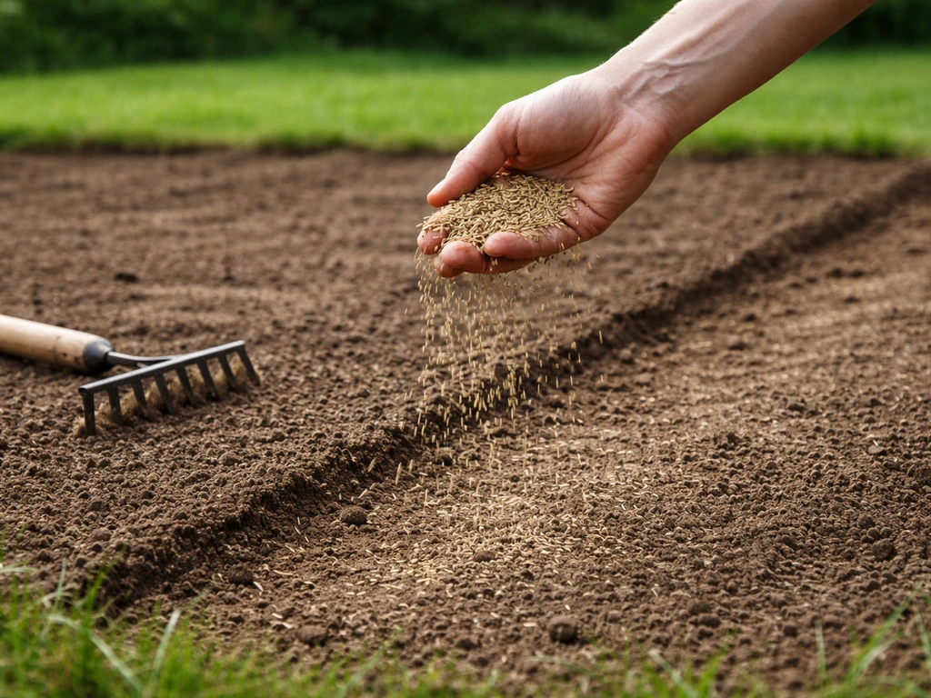 Iemand die graszaad gelijkmatig over een pas geëgaliseerd tuinoppervlak strooit, met zicht op ingeharkt zaadbed.