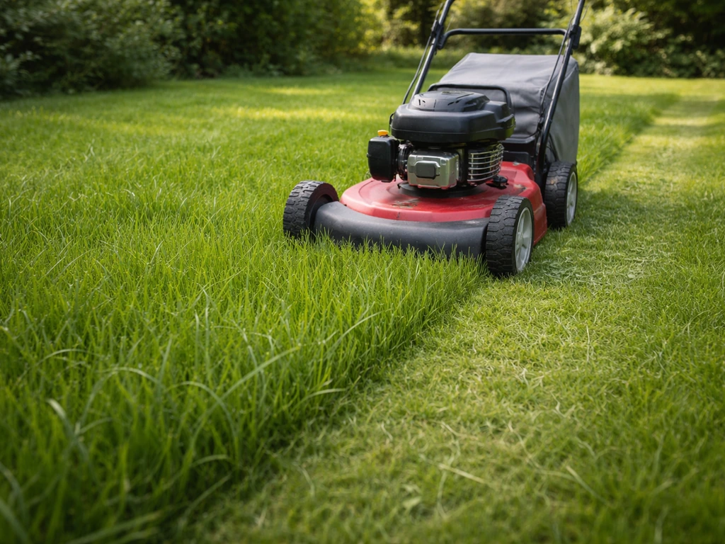 Gasmaaier die een jong gazon netjes maait op ongeveer 5–6 cm, gras is 8–10 cm hoog.