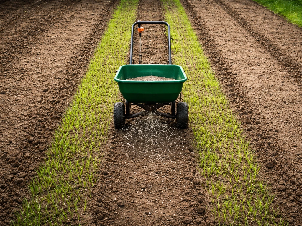 Bovenaanzicht van een tuinperceel waar een kunstmeststrooier graszaad en meststof in banen uitstrooit.