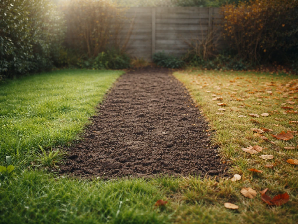 Minimalistische tuin met strook gazon: links fris voorjaarsgroen, rechts herfstachtig bruin, zonder mensen.