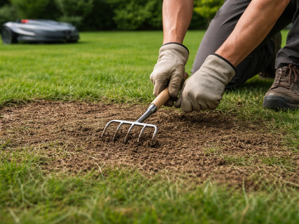 Tuinhulp bereidt een bestaande gazonstrook voor met een handgereedschap; robotmaaier staat op de achtergrond.