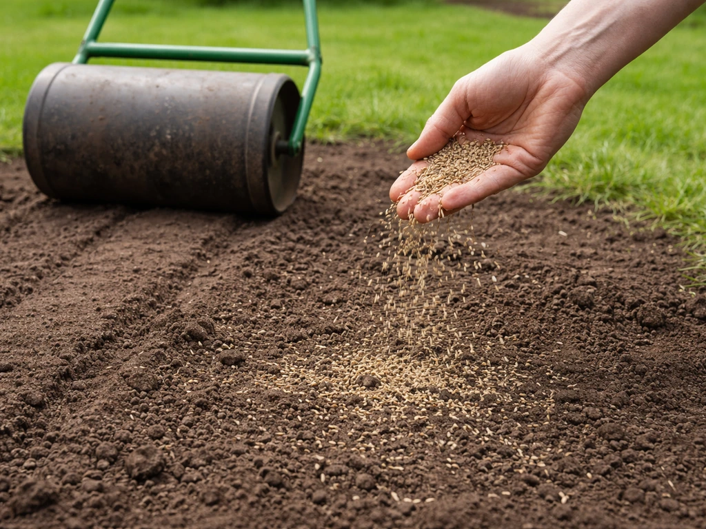 Hand strooit graszaad op een kale tuinplek en drukt het licht aan met een tuinrol.