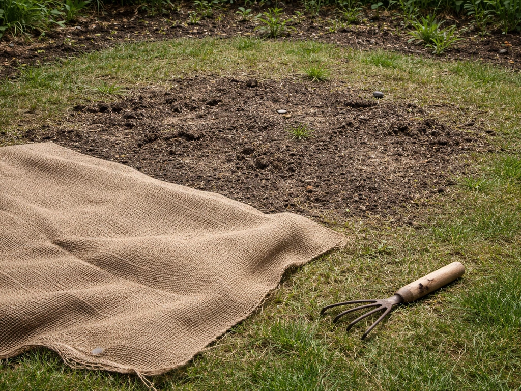 Kale grasplek met vogelschade en onkruid; jute doek ligt op het gezaaide oppervlak in een tuin.