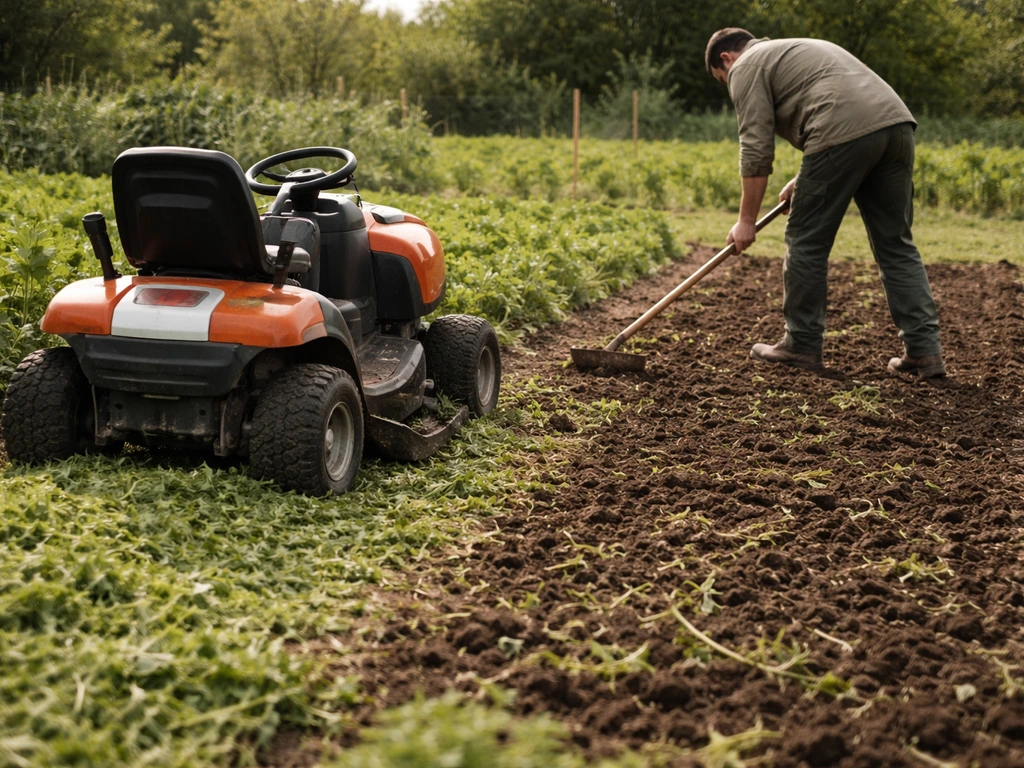 Tuinwerker maait kort gras, daarna worden aarde en resten omgewoeld voor een nieuw zaaibed.