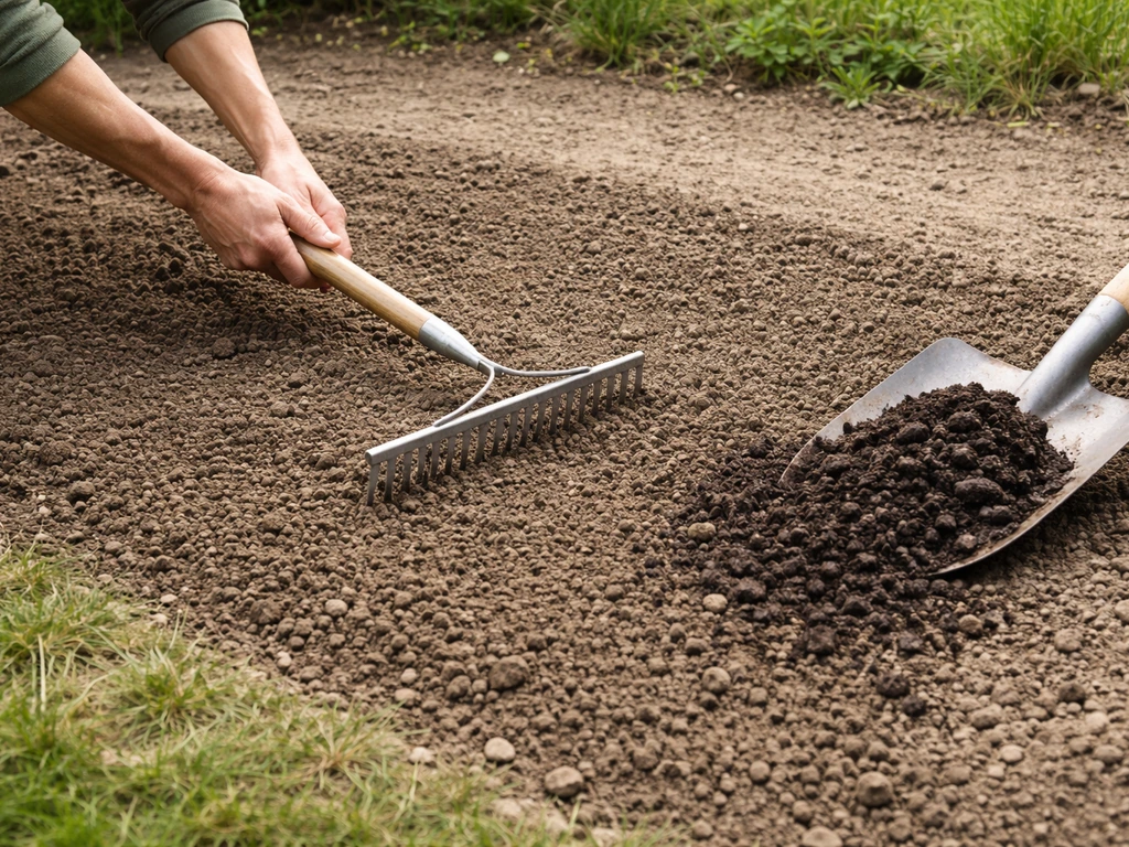 Anonieme handen egaliseren een zaaibed met hark en brengen compost/bodemverbeteraar aan op een kale tuinstrook.