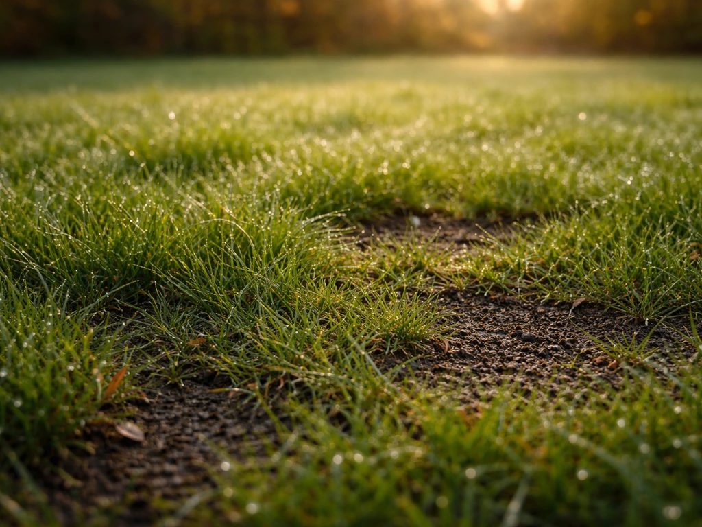 Oktober-gazon met ochtenddauw en vochtige grond tussen grassprieten, geschikt voor bijzaaien.