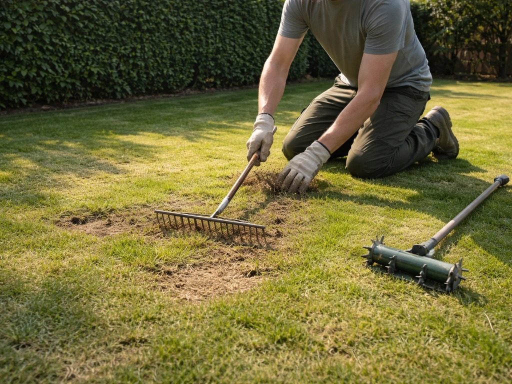 Tuinman bereidt een gazon voor: gemaaid gras, losgeharkte toplaag en lichte kale plekken met beluchtingsgereedschap.