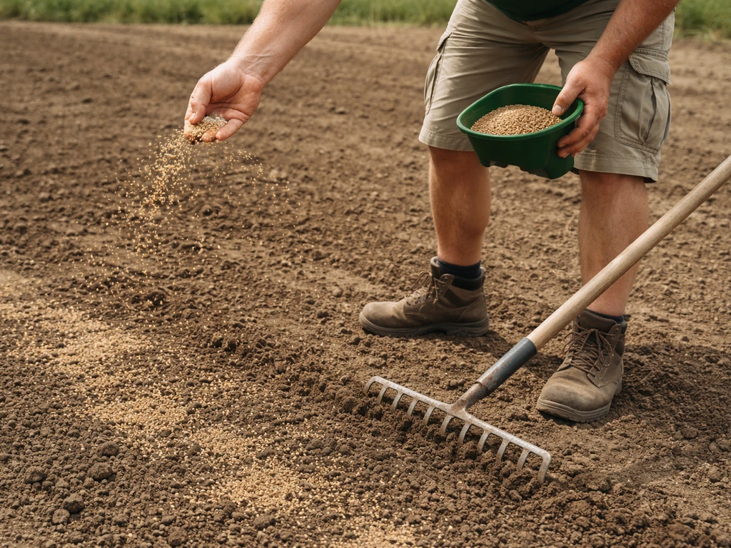 Landbouwer strooit graszaad op een kale strook en dekt het licht af met een hark