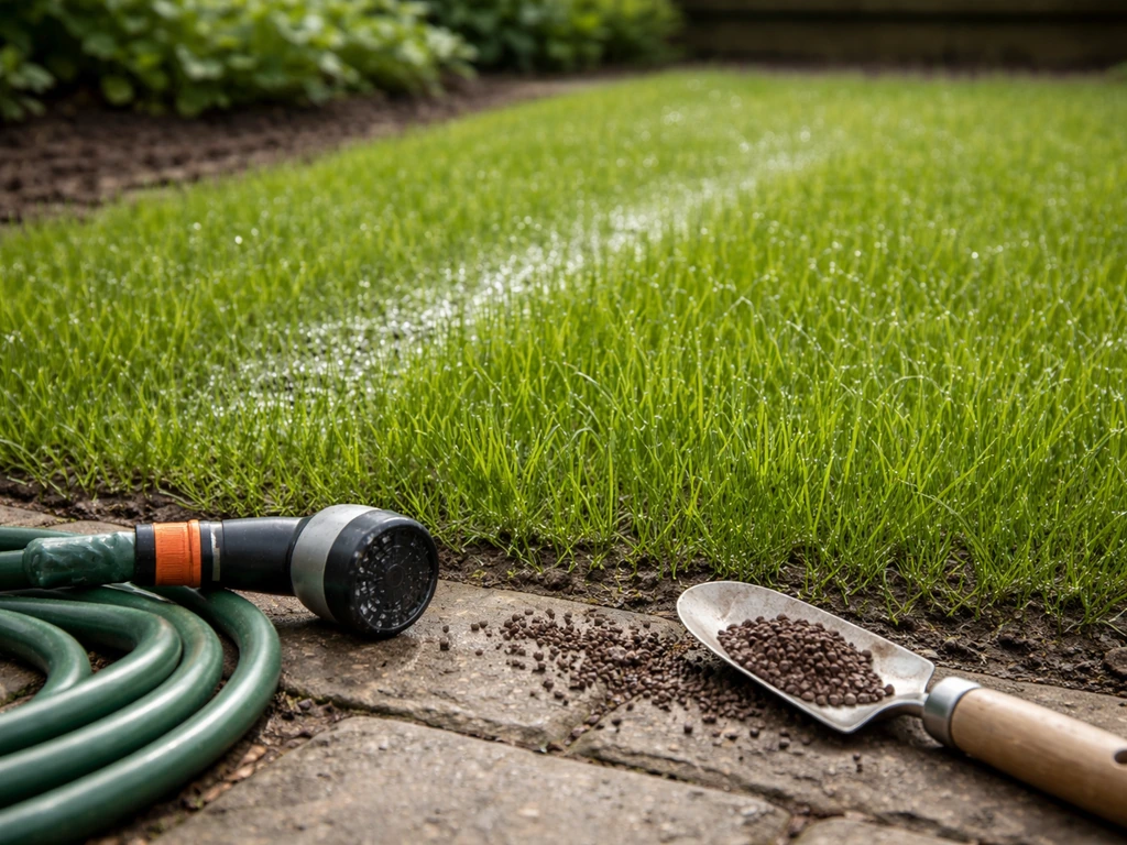 Jong ingezaaid gazon met 6–7 cm gras en net irrigatie/mest klaar voor de eerste maaibeurt.