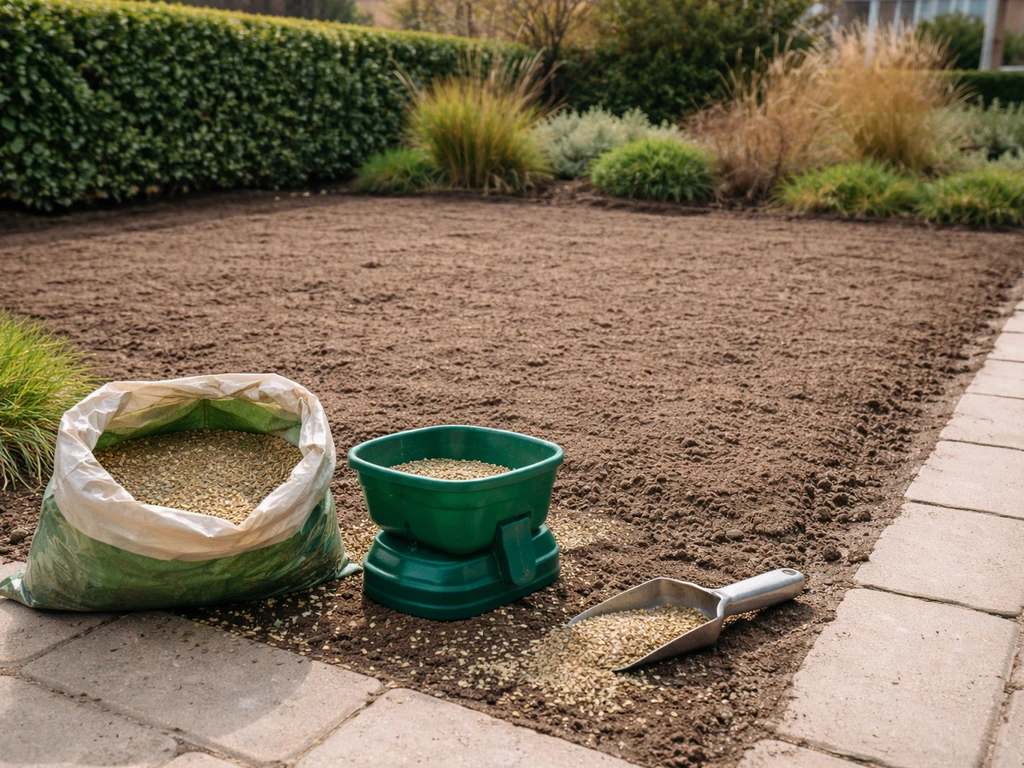 Tuin in het voorjaar met een open zak zaad op een zaaibed waar gras met klaver wordt ingezaaid