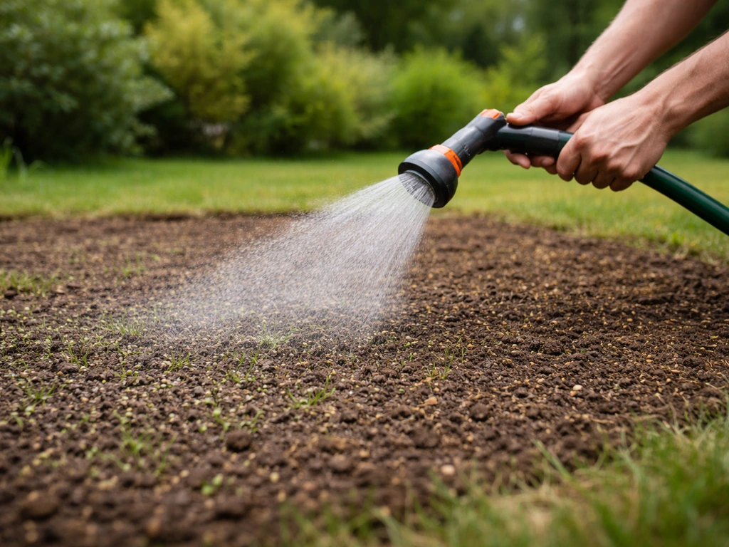 Tuinslang met sproeikop geeft zacht water aan net ingezaaid gras/klaverperceel