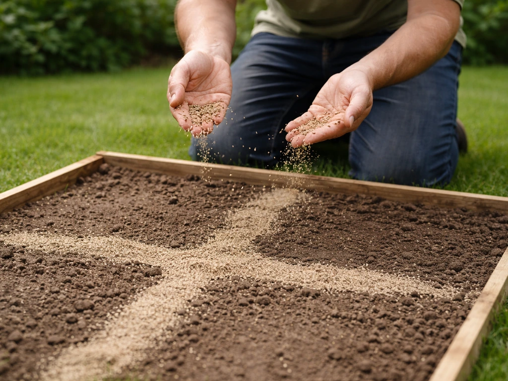 Iemand strooit graszaad met de hand uit in kruisvorm over een afgebakende kale strook in de tuin.