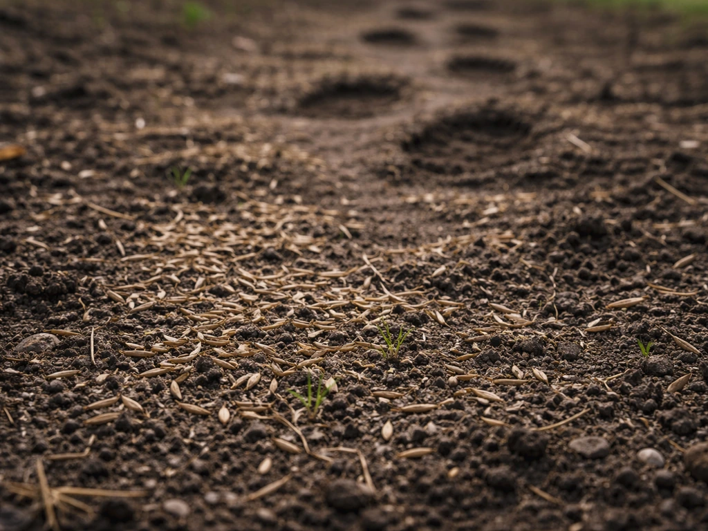 Close-up van graszaad op kale grond met wazige voetafdrukken op afstand, passend bij direct na het zaaien