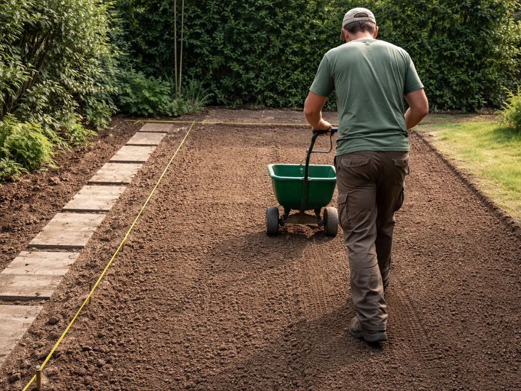 Tuinman bedient een strooiwagen op een net voorbereid zaaibed, met staptegels als loopspoor om niet te betreden.