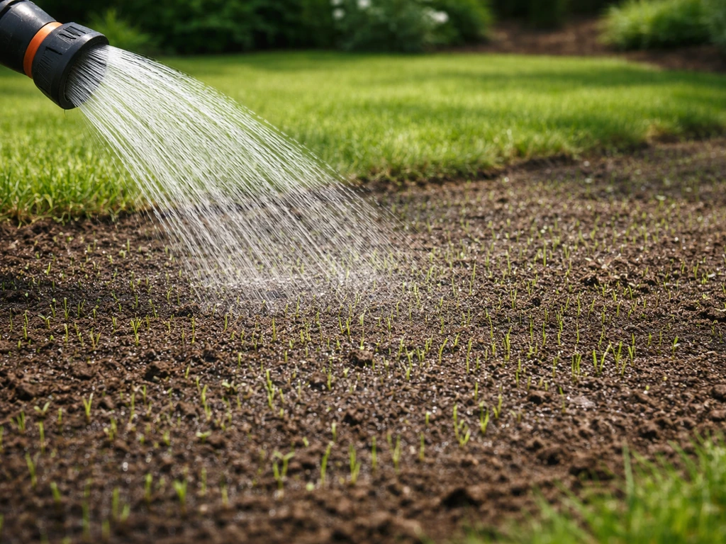 Gelijkmatig beregenen van vers ingezaaid gras: zachte waterstraal houdt de toplaag vochtig, zonder plassen.