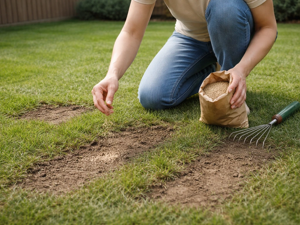 Persoon repareert platgelopen gazon: kale strepen worden bijgewerkt met graszaad en een harkje.