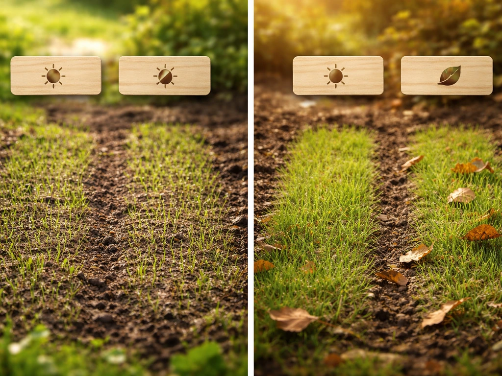Twee aarde-stroken in tuin: voorjaar met kiemplantjes en nazomer/vroege herfst met mulch, klaar om gras te zaaien.