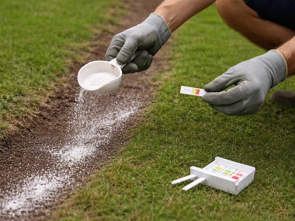 Tuinier met handschoen strooit kalk op een gazonstrook en houdt een pH-test in de hand