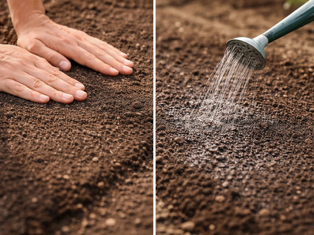 Hand drukt licht een zaaibedje aan en geeft daarna voorzichtig water, met vochtige grond zichtbaar