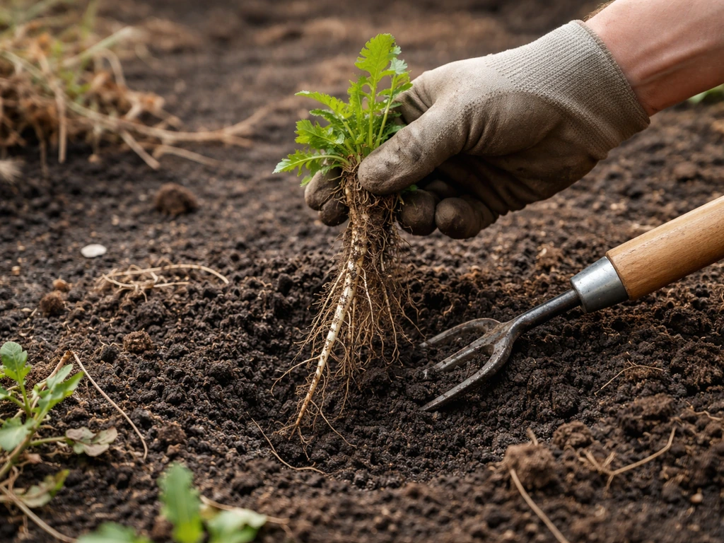 Een hand trekt handmatig een wortelonkruid met zichtbare wortels uit de aarde in een rustige tuin