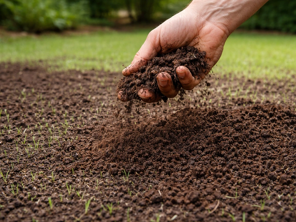 Hand strooit een dunne laag compost/topdressing uit over ingezaaid gazon, klaar om licht in te werken.