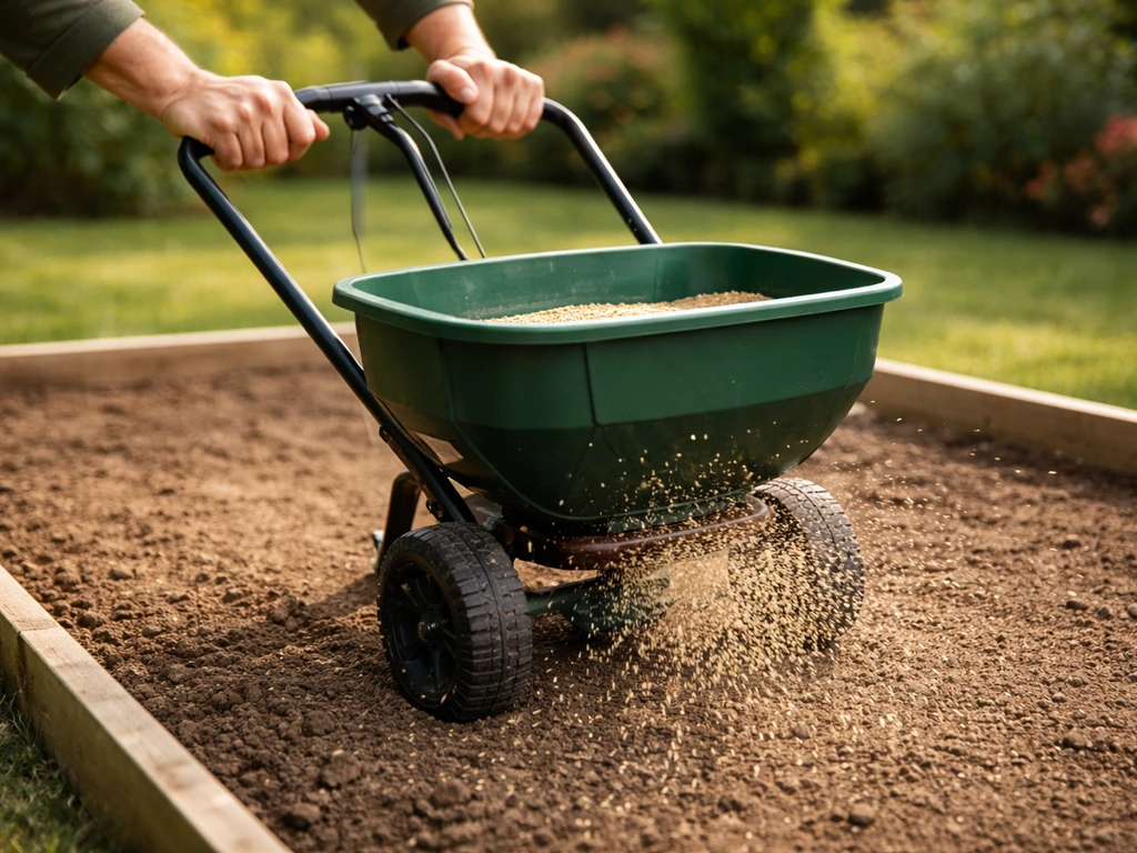 Iemand zaait graszaad met een strooiwagen over een afgebakend gazonvak voor een gelijkmatige verdeling