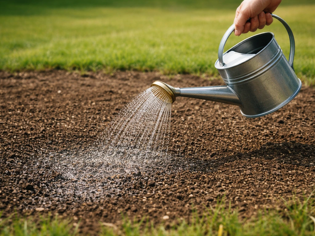 Hand met gieter geeft voorzichtig water op net ingezaaid gazon dat licht vochtig glanst.