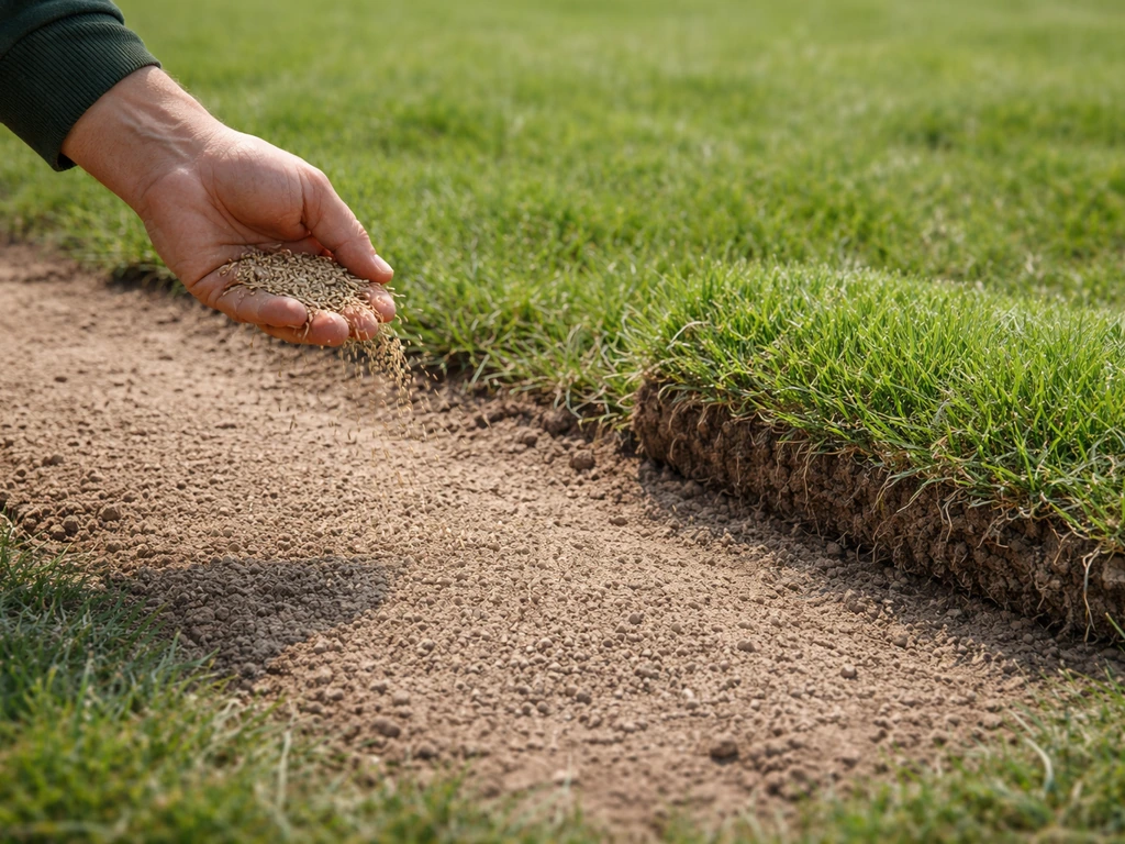 Paardrijweide met twee kleine stroken: graszaad in uitgestrooid patroon en een grasmat met zichtbare wortelkluit