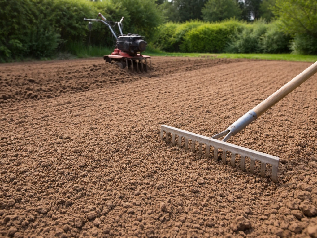 Losgemaakte tuinbodem met hark en cultivator, klaar als fijn zaaibed voor inzaaien van gras.