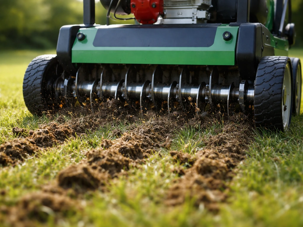 Verticuteermachine maakt de bovenlaag van de grasmat los en laat kleine openingen in de bodem zien.