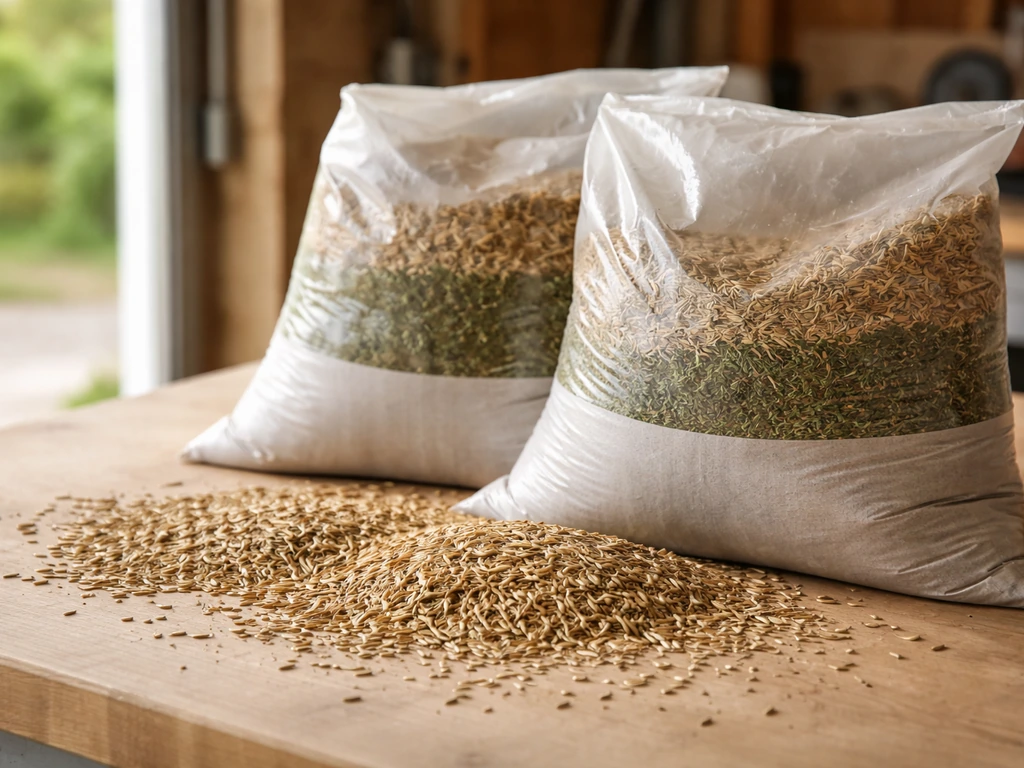 Close-up van paardenwei-graszaadmengsel in zakken met meerdere soorten graszaad-ingrediënten