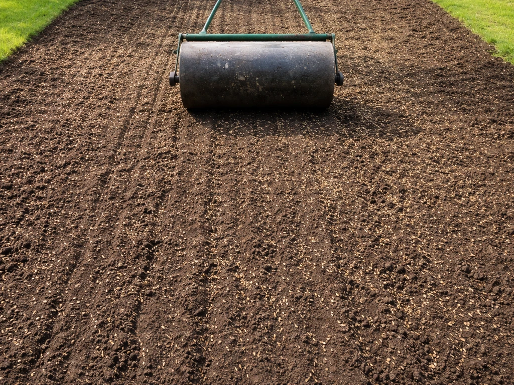 Bovenaanzicht van graszaad op aarde terwijl een wals eroverheen rolt voor dicht gazon