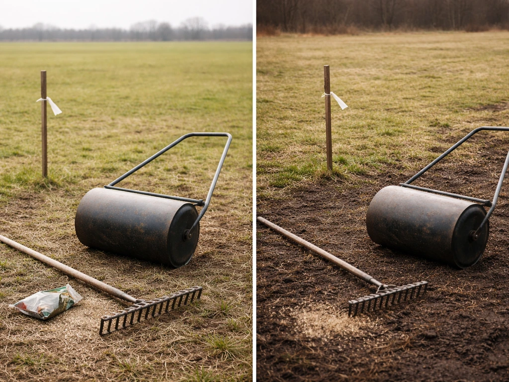 Gazonsituatie met walsrol en zaden op grond, met subtiele kleurverschillen die voorjaar en najaar suggereren.