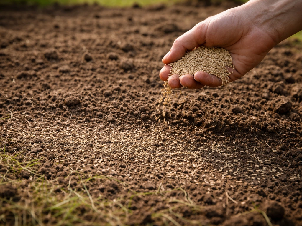 Close-up van gelijkmatig graszaad dat op een gazon wordt ingeveegd voor het inzaaien