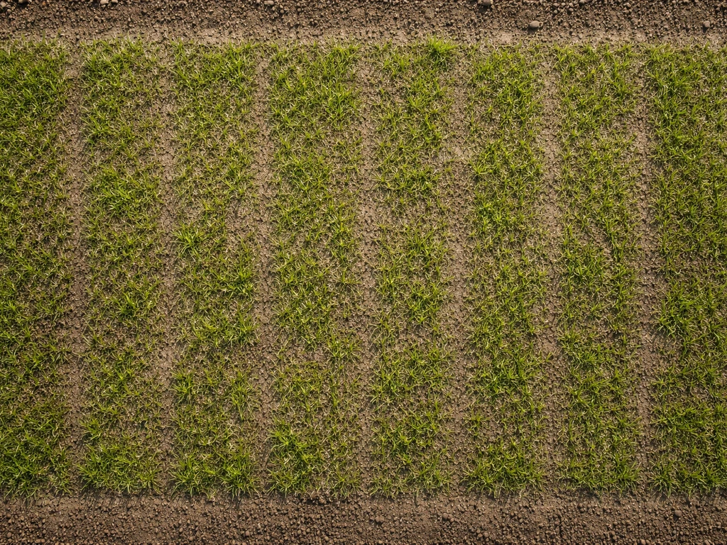 Bovenaanzicht van een ingezaaid gazon met zaad/voorbereidingspatroon en jonge groene grasopkomst