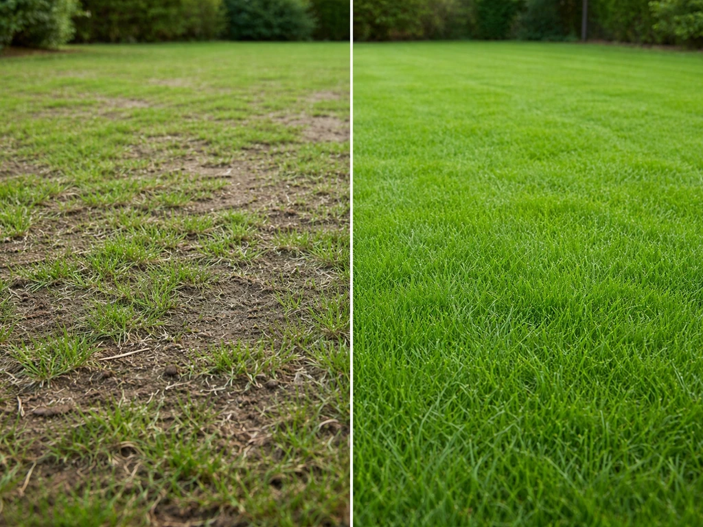 Links ijle eerste sprietjes, rechts een dichte egale groene grasmat die begaanbaar oogt.
